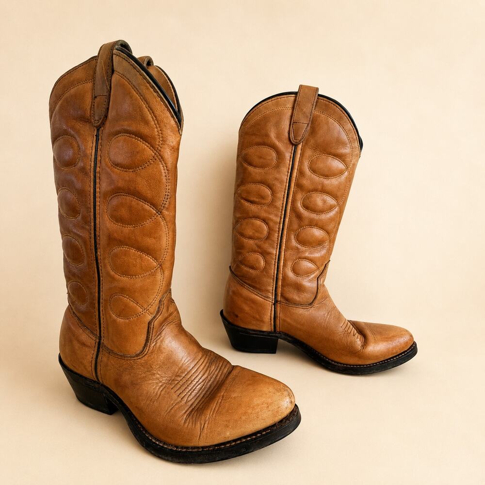 Vintage Double H Tan Leather Cowboy Boots – Women’s 6.5 – Western Mid‑Calf Boot
